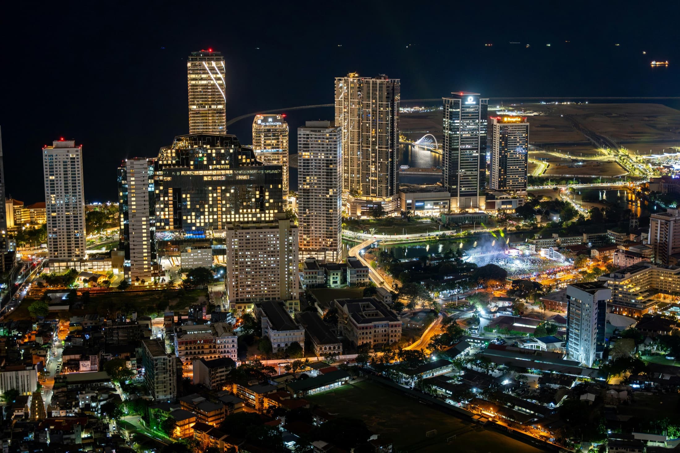 Colombo's illuminated waterfront skyline viewed from the Lotus Tower