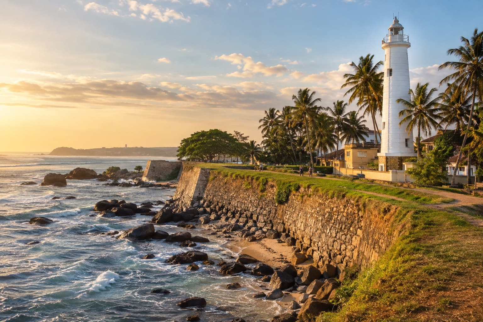 Galle lighthouse above the fort walls and the sea